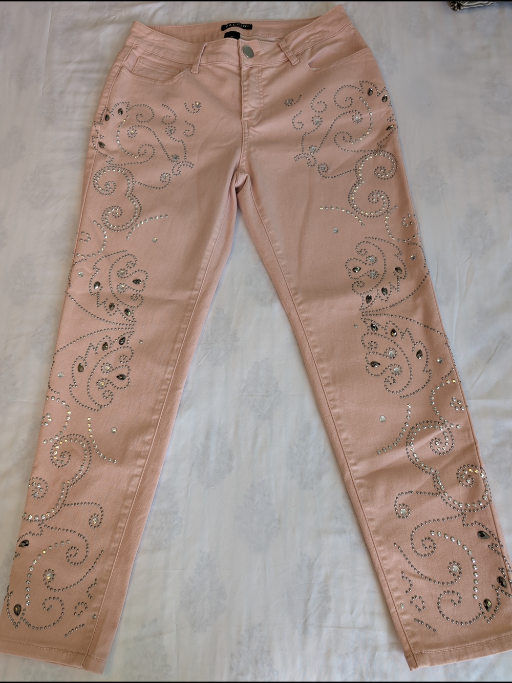 Vintage Y2K Baccini Blush Pink Straight-Leg Jeans with Rhinestone Swirl